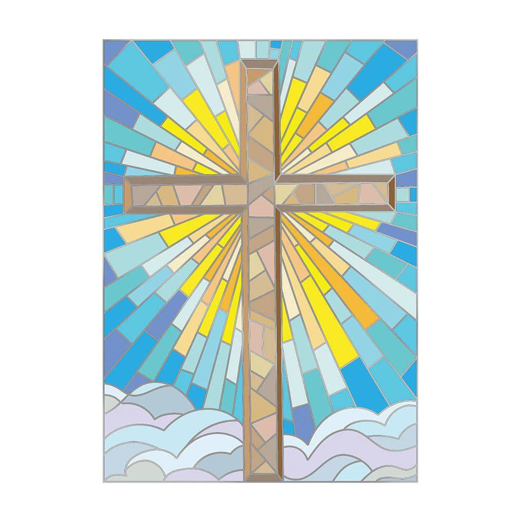 Colorful stained glass cross confirmation card from Pictura, featuring vibrant glass design on a religious greeting card.